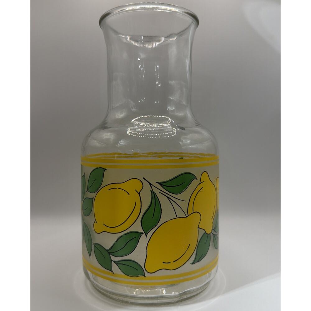 Vintage KIG Indonesia Retro Glass Carafe Bright Colored Lemon/Green Leaf Design